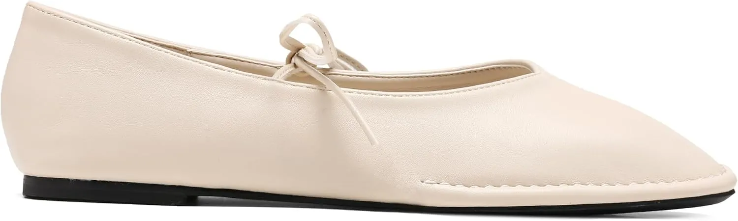 Lace Up Square Toe Ballet Flats for Women Cute Bow Slip On Mary Jane Flats Casual Ballerina Shoes