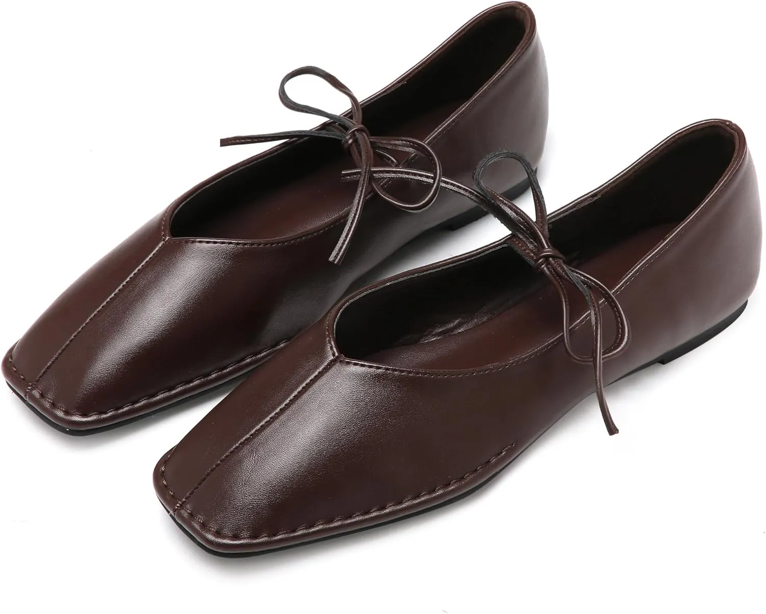 Lace Up Square Toe Ballet Flats for Women Cute Bow Slip On Mary Jane Flats Casual Ballerina Shoes