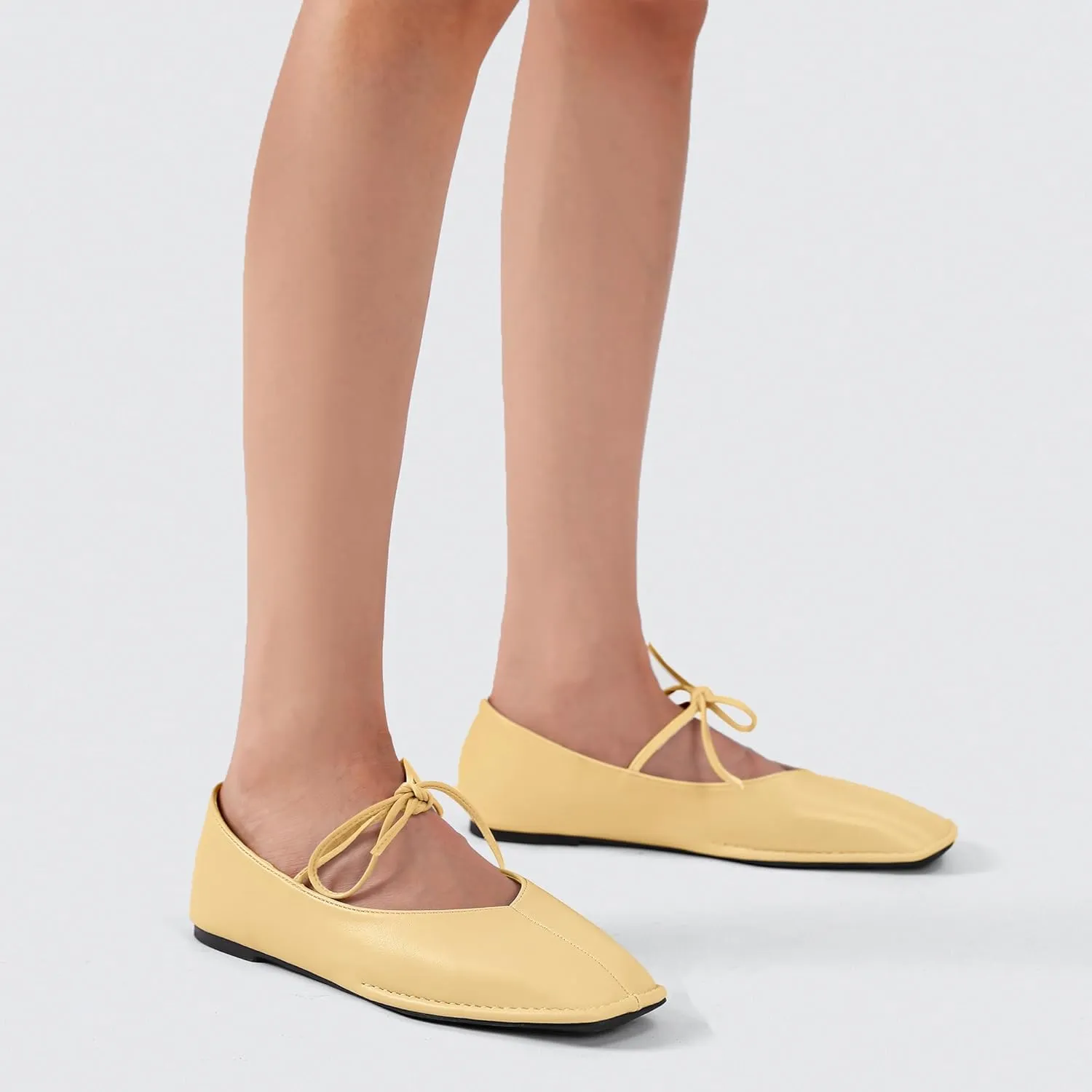 Lace Up Square Toe Ballet Flats for Women Cute Bow Slip On Mary Jane Flats Casual Ballerina Shoes