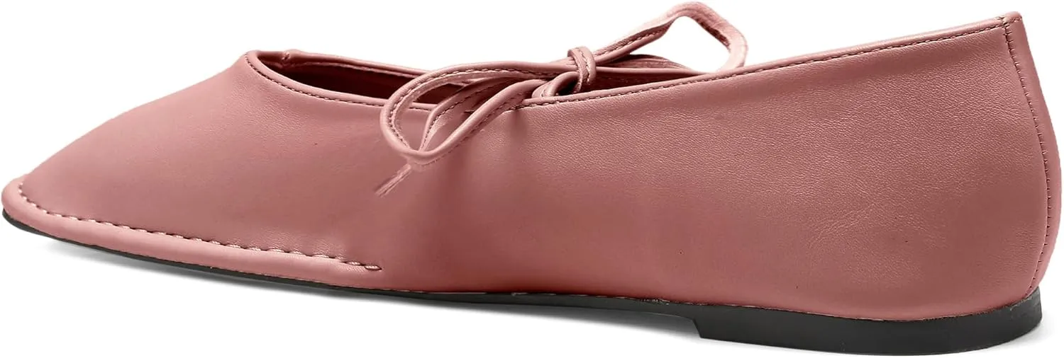 Lace Up Square Toe Ballet Flats for Women Cute Bow Slip On Mary Jane Flats Casual Ballerina Shoes