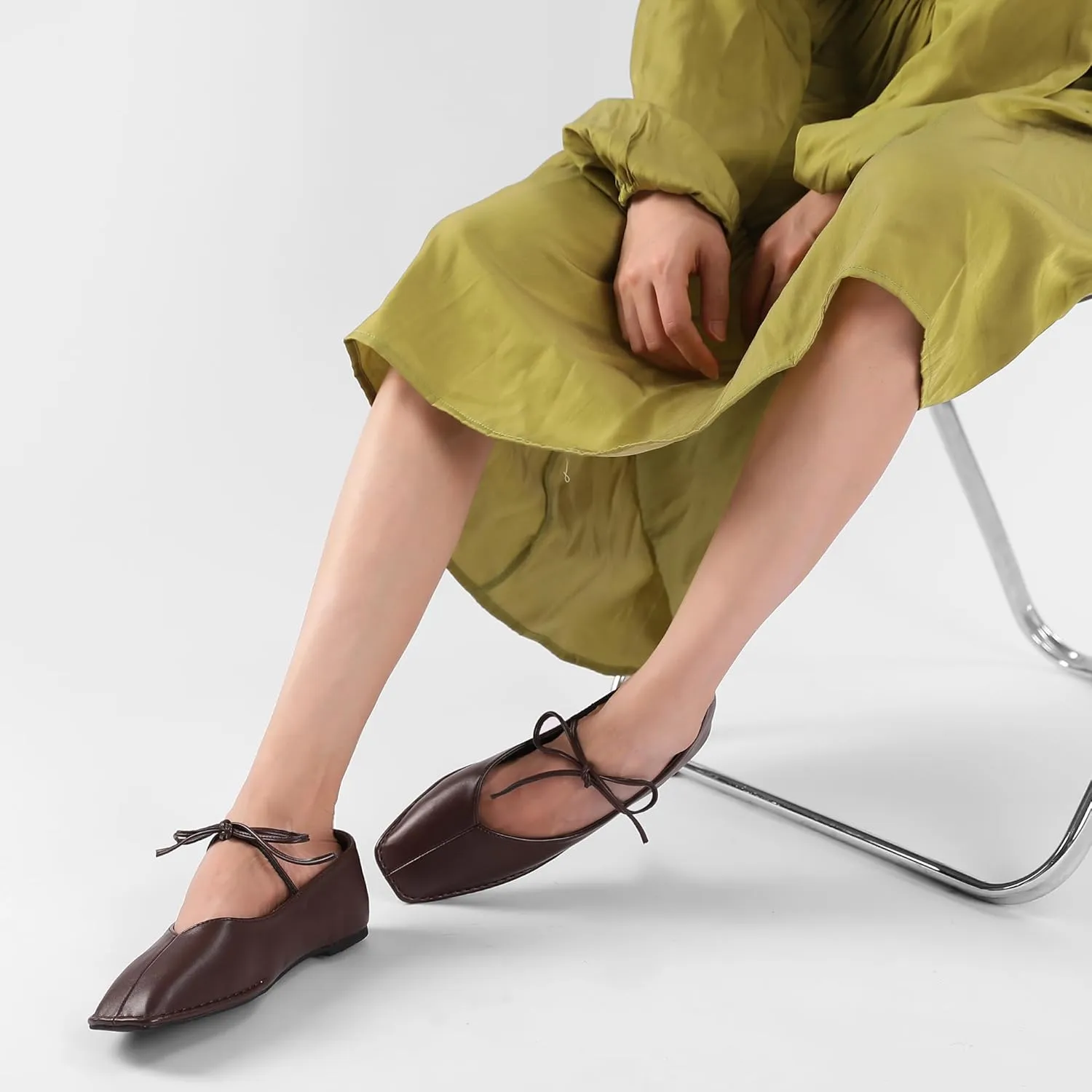 Lace Up Square Toe Ballet Flats for Women Cute Bow Slip On Mary Jane Flats Casual Ballerina Shoes