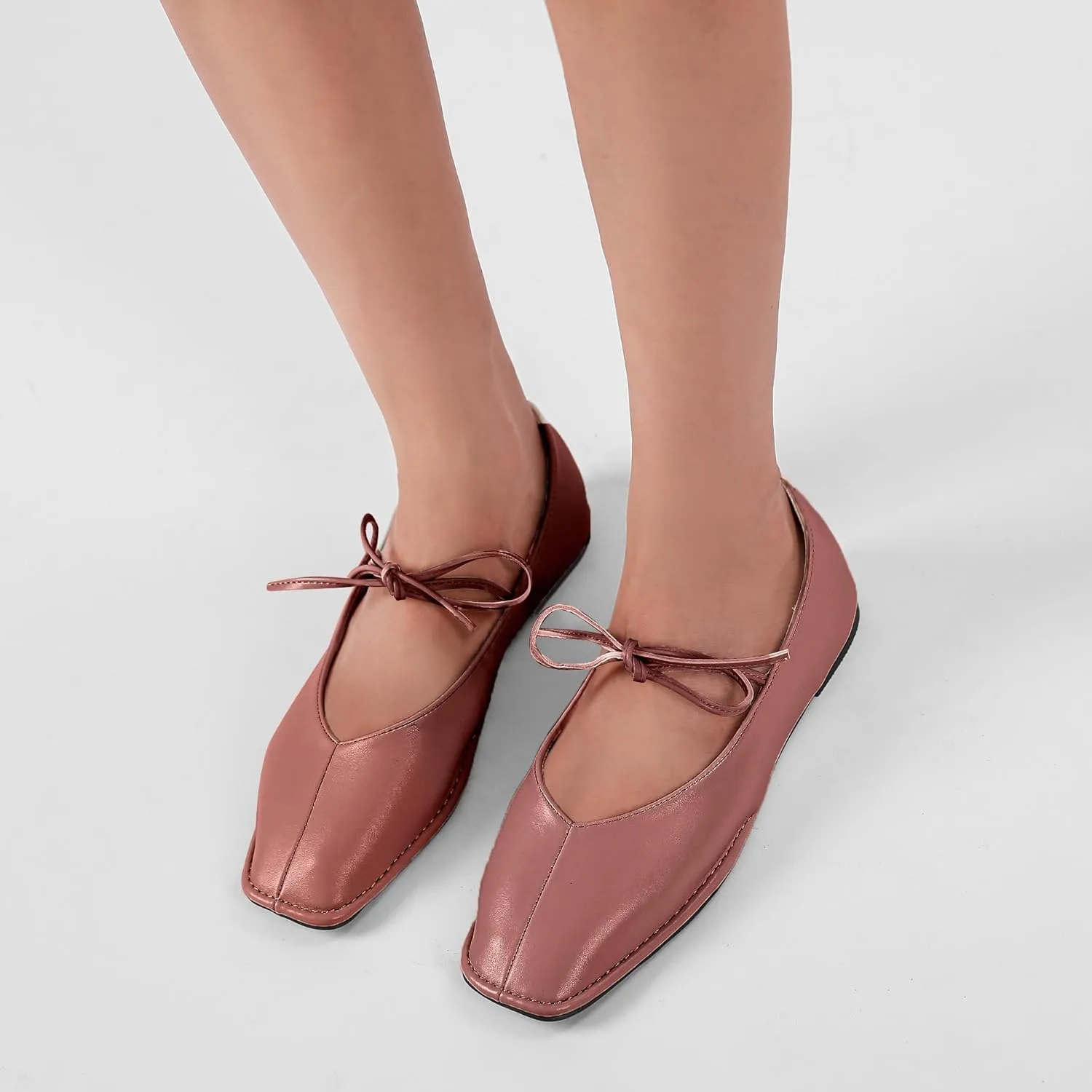 Lace Up Square Toe Ballet Flats for Women Cute Bow Slip On Mary Jane Flats Casual Ballerina Shoes