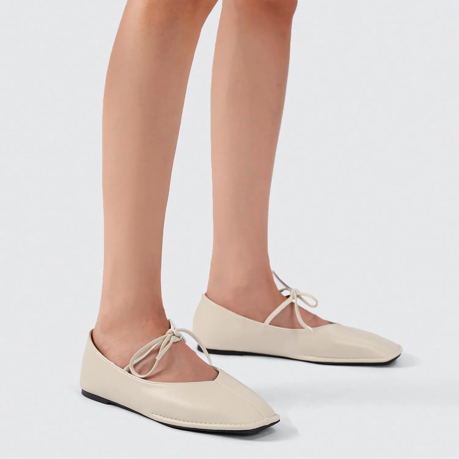 Lace Up Square Toe Ballet Flats for Women Cute Bow Slip On Mary Jane Flats Casual Ballerina Shoes