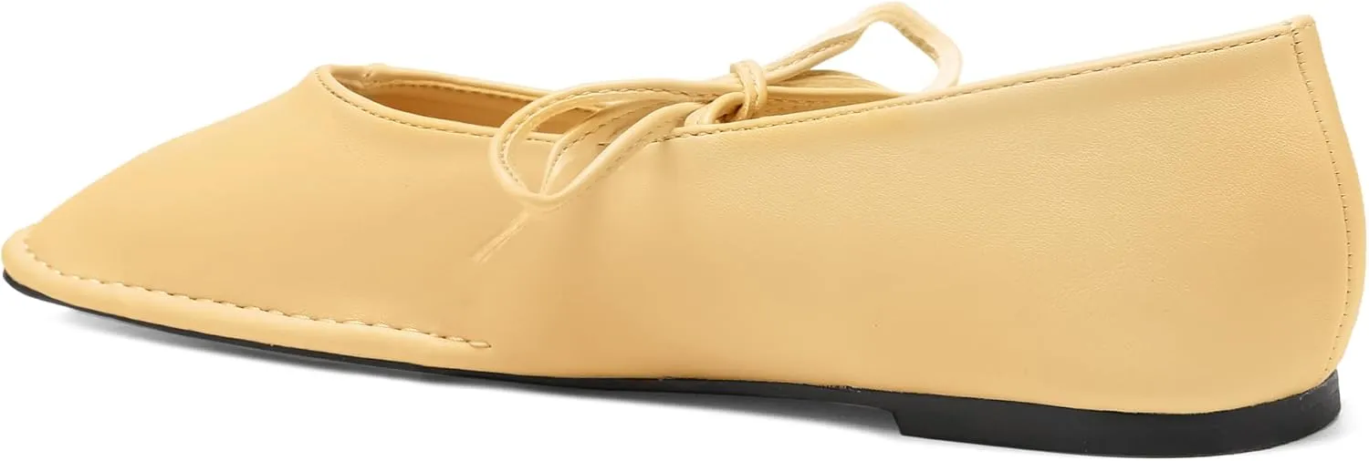 Lace Up Square Toe Ballet Flats for Women Cute Bow Slip On Mary Jane Flats Casual Ballerina Shoes