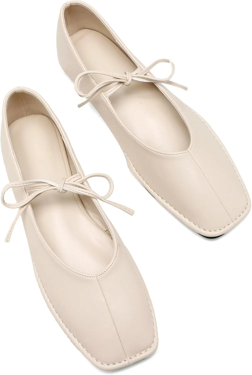 Lace Up Square Toe Ballet Flats for Women Cute Bow Slip On Mary Jane Flats Casual Ballerina Shoes