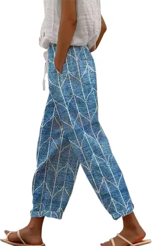 LCMTWX Womens Linen Pants Waist Pants Drawstring Capri Pants with Pockets Wide Leg Cropped Pants High Waisted Linen Pants