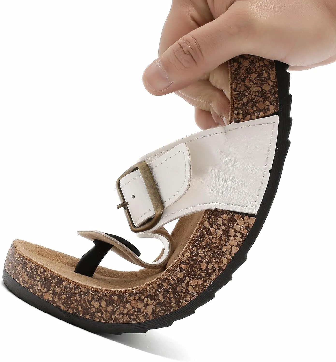 Leather Thong Cork Sandals for Men & Women, Water-Resistant Flip Flops with Cork Footbed & Memory Foam, Comfortable Summer Slides