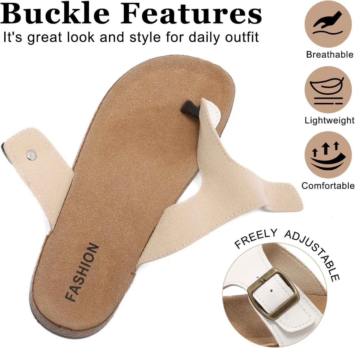 Leather Thong Cork Sandals for Men & Women, Water-Resistant Flip Flops with Cork Footbed & Memory Foam, Comfortable Summer Slides
