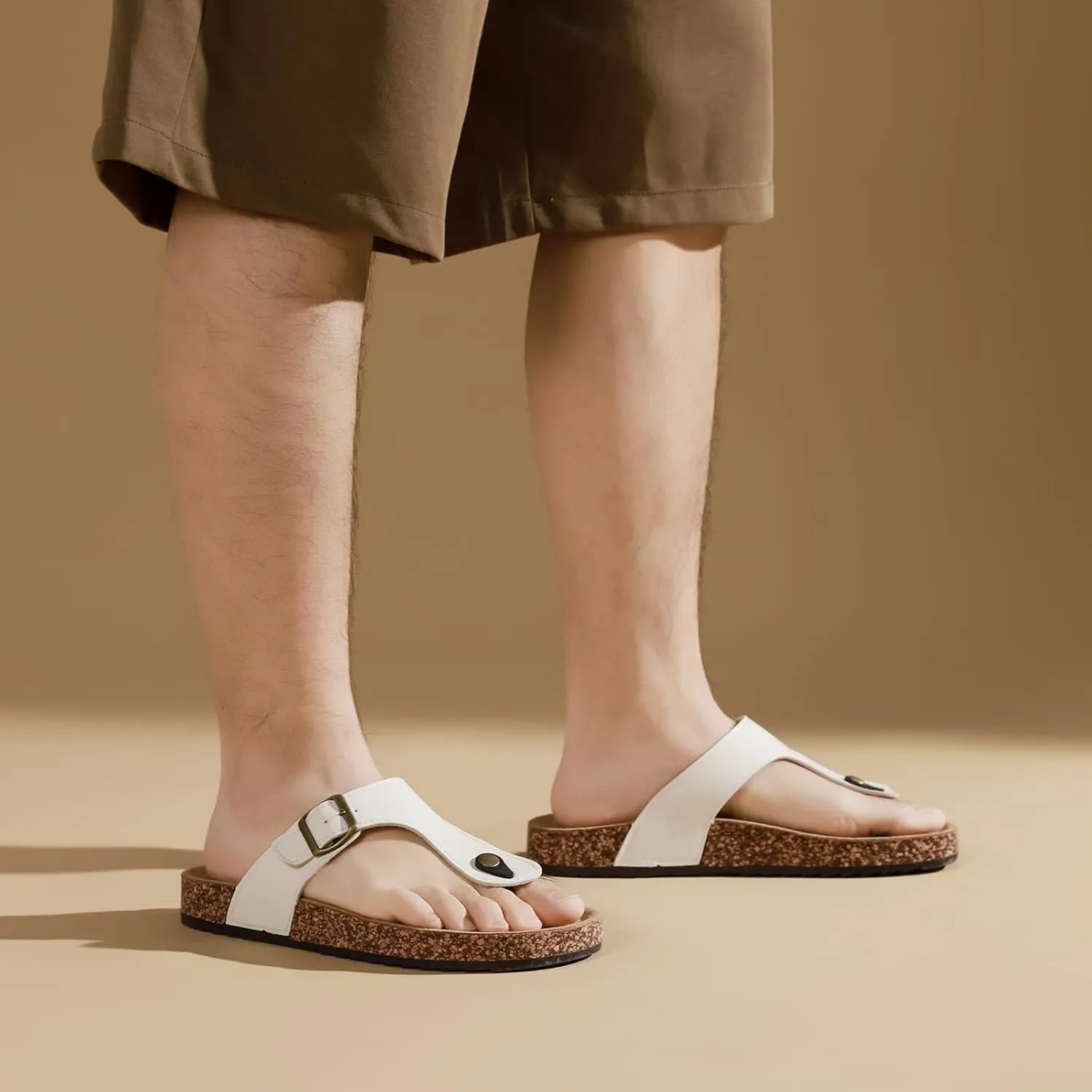 Leather Thong Cork Sandals for Men & Women, Water-Resistant Flip Flops with Cork Footbed & Memory Foam, Comfortable Summer Slides
