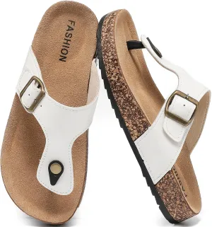 Leather Thong Cork Sandals for Men & Women, Water-Resistant Flip Flops with Cork Footbed & Memory Foam, Comfortable Summer Slides