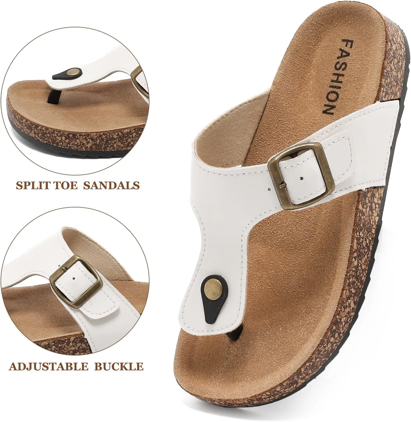 Leather Thong Cork Sandals for Men & Women, Water-Resistant Flip Flops with Cork Footbed & Memory Foam, Comfortable Summer Slides