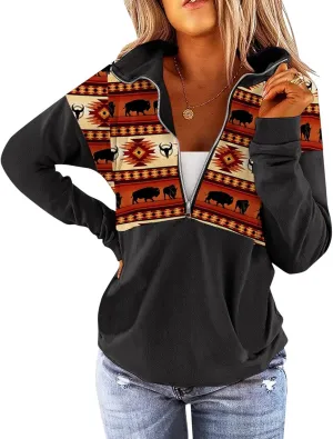 LEMAFER Women's 2024 Casual Aztec Cow Print Zipper Collar Pullover Sweatshirt Western Cowgirl Ethnic Style Hoodies