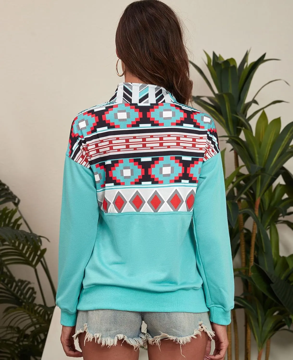 LEMAFER Women's 2024 Casual Aztec Cow Print Zipper Collar Pullover Sweatshirt Western Cowgirl Ethnic Style Hoodies