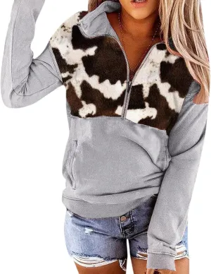 LEMAFER Women's 2024 Casual Aztec Cow Print Zipper Collar Pullover Sweatshirt Western Cowgirl Ethnic Style Hoodies