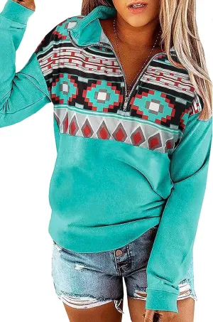 LEMAFER Women's 2024 Casual Aztec Cow Print Zipper Collar Pullover Sweatshirt Western Cowgirl Ethnic Style Hoodies