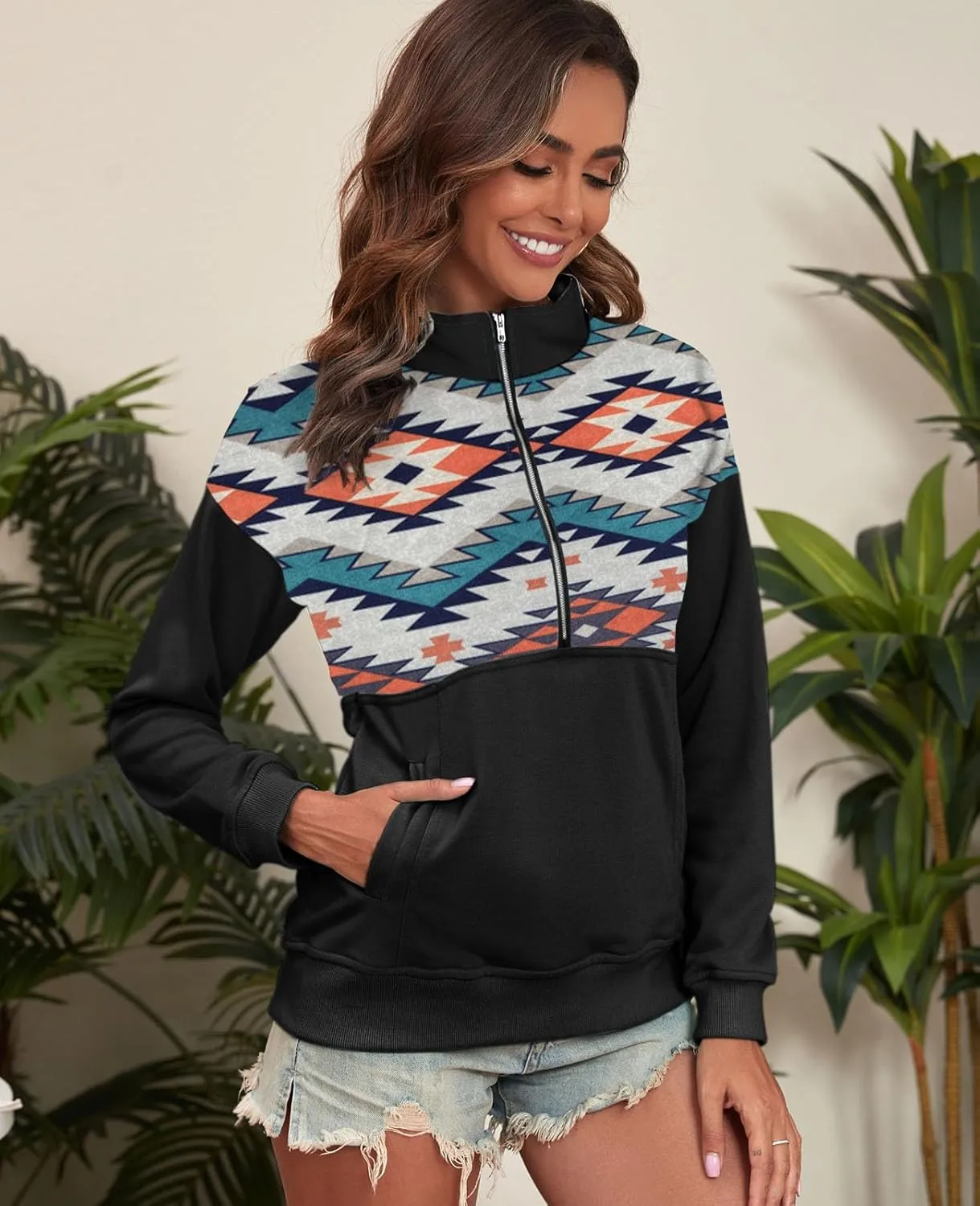 LEMAFER Women's 2024 Casual Aztec Cow Print Zipper Collar Pullover Sweatshirt Western Cowgirl Ethnic Style Hoodies