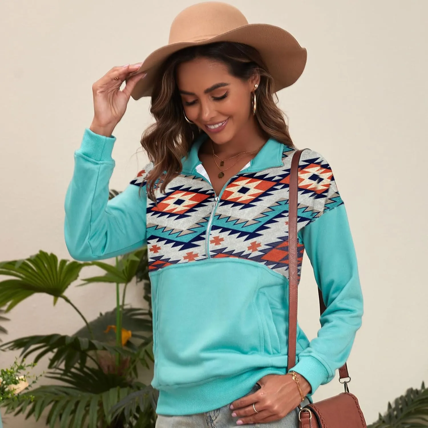 LEMAFER Women's 2024 Casual Aztec Cow Print Zipper Collar Pullover Sweatshirt Western Cowgirl Ethnic Style Hoodies