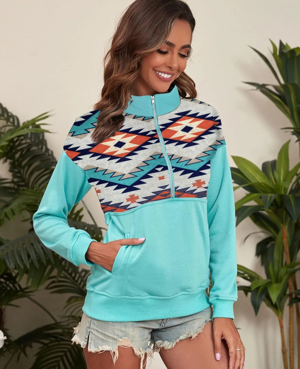 LEMAFER Women's 2024 Casual Aztec Cow Print Zipper Collar Pullover Sweatshirt Western Cowgirl Ethnic Style Hoodies