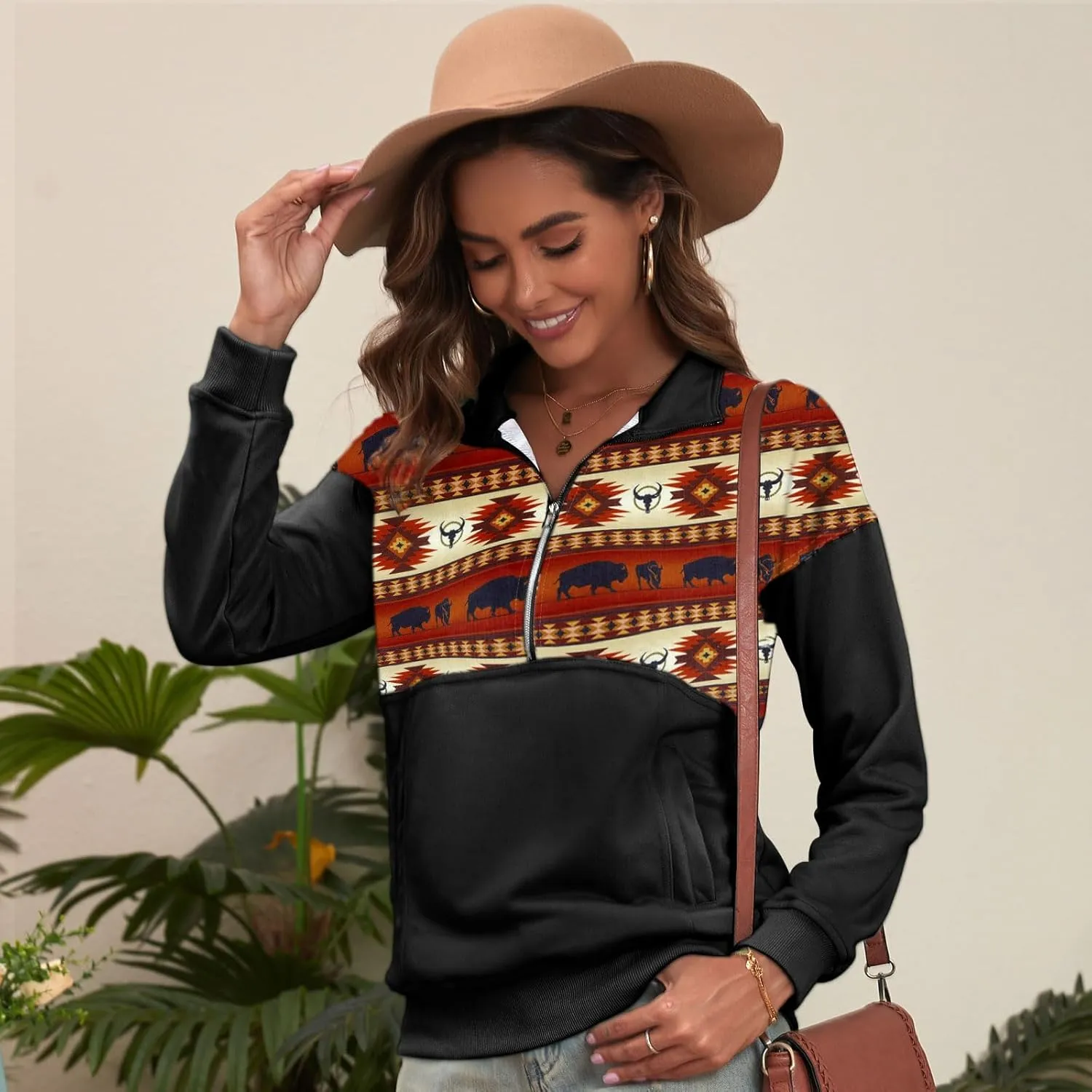 LEMAFER Women's 2024 Casual Aztec Cow Print Zipper Collar Pullover Sweatshirt Western Cowgirl Ethnic Style Hoodies