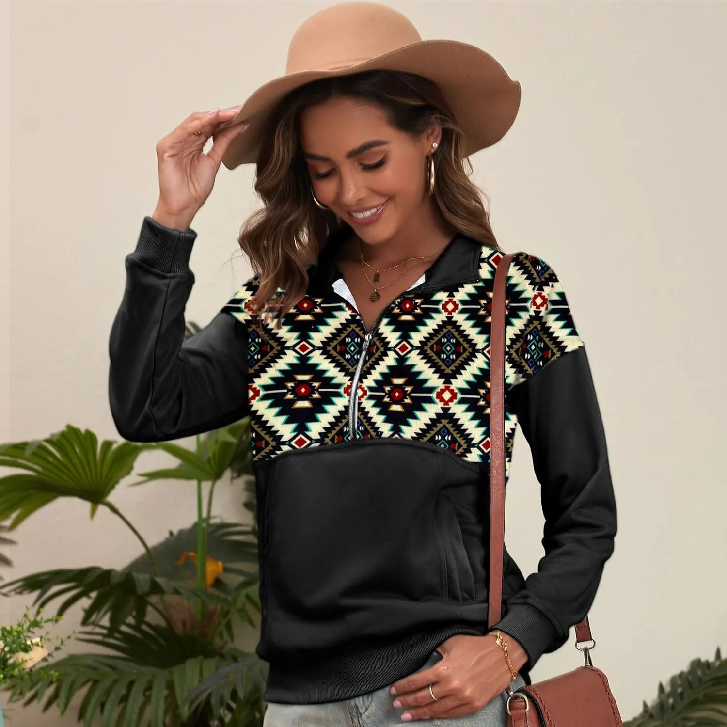 LEMAFER Women's 2024 Casual Aztec Cow Print Zipper Collar Pullover Sweatshirt Western Cowgirl Ethnic Style Hoodies
