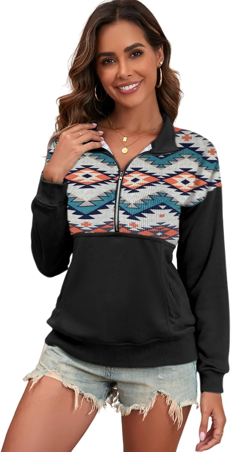 LEMAFER Women's 2024 Casual Aztec Cow Print Zipper Collar Pullover Sweatshirt Western Cowgirl Ethnic Style Hoodies