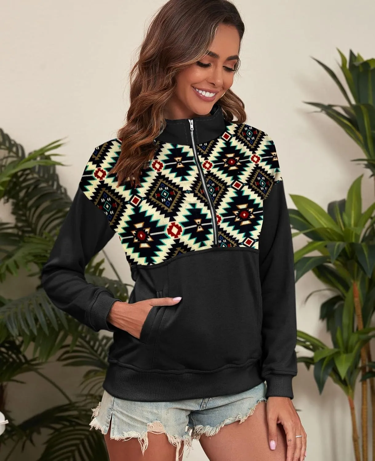 LEMAFER Women's 2024 Casual Aztec Cow Print Zipper Collar Pullover Sweatshirt Western Cowgirl Ethnic Style Hoodies