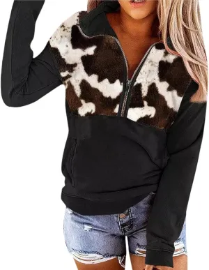 LEMAFER Women's 2024 Casual Aztec Cow Print Zipper Collar Pullover Sweatshirt Western Cowgirl Ethnic Style Hoodies