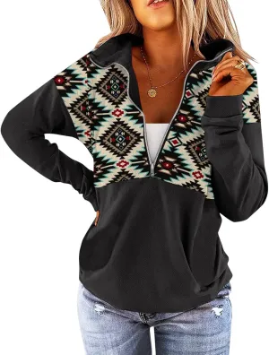 LEMAFER Women's 2024 Casual Aztec Cow Print Zipper Collar Pullover Sweatshirt Western Cowgirl Ethnic Style Hoodies