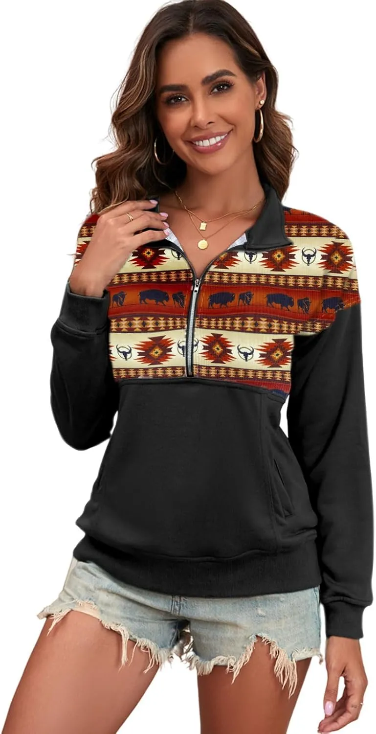 LEMAFER Women's 2024 Casual Aztec Cow Print Zipper Collar Pullover Sweatshirt Western Cowgirl Ethnic Style Hoodies