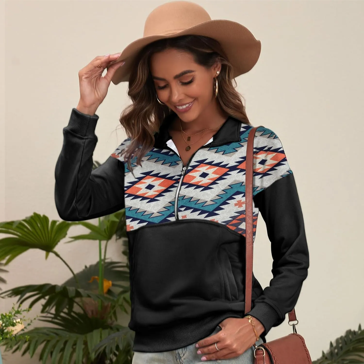 LEMAFER Women's 2024 Casual Aztec Cow Print Zipper Collar Pullover Sweatshirt Western Cowgirl Ethnic Style Hoodies