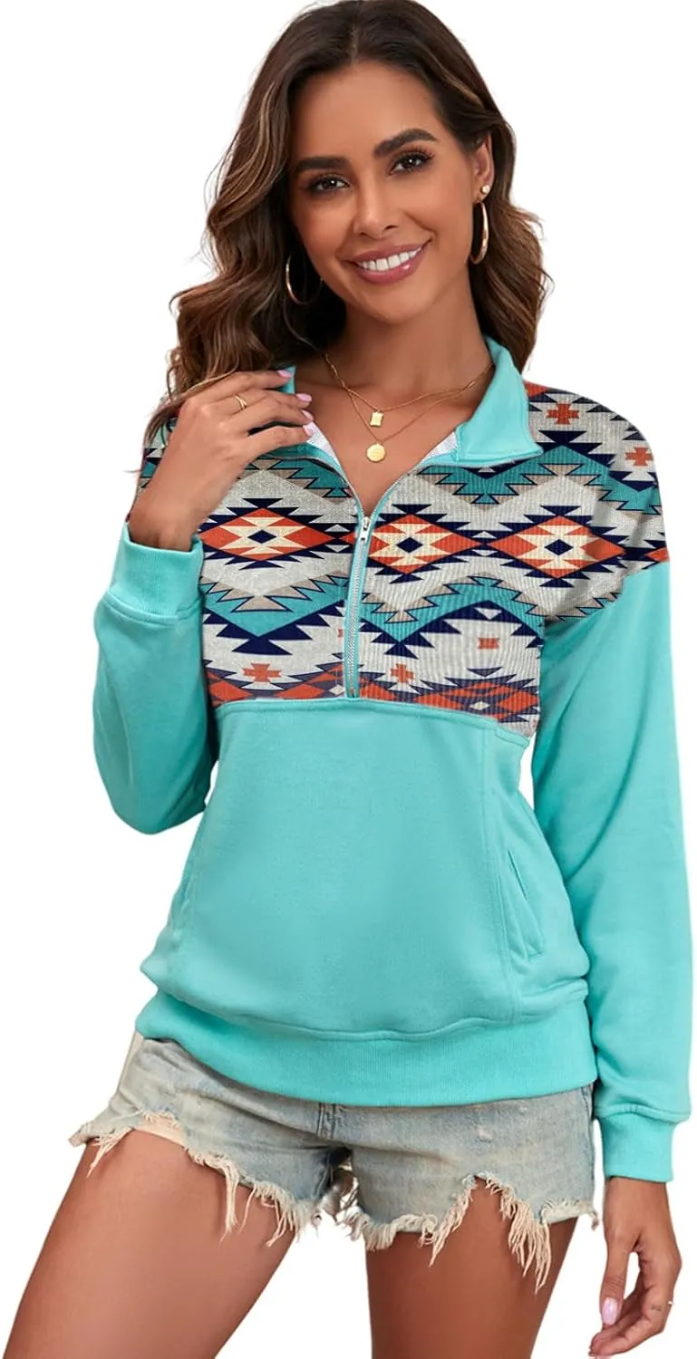 LEMAFER Women's 2024 Casual Aztec Cow Print Zipper Collar Pullover Sweatshirt Western Cowgirl Ethnic Style Hoodies