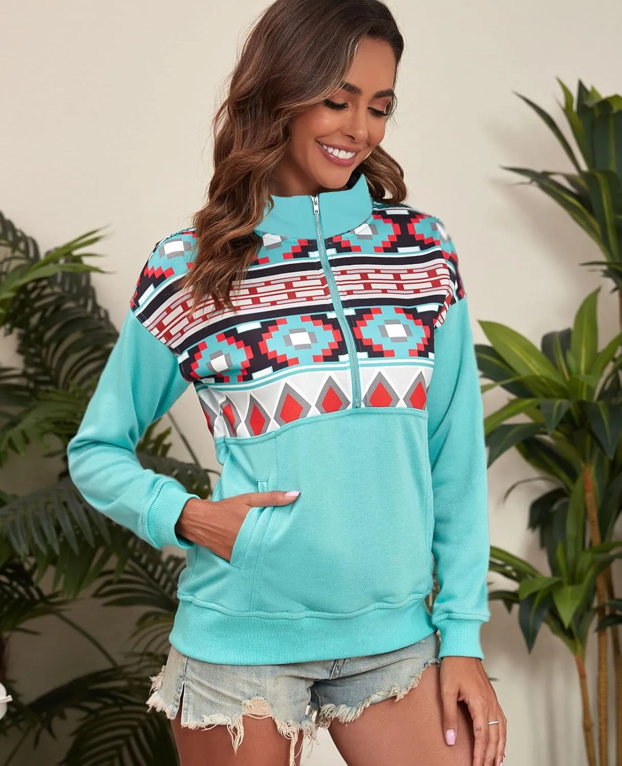 LEMAFER Women's 2024 Casual Aztec Cow Print Zipper Collar Pullover Sweatshirt Western Cowgirl Ethnic Style Hoodies