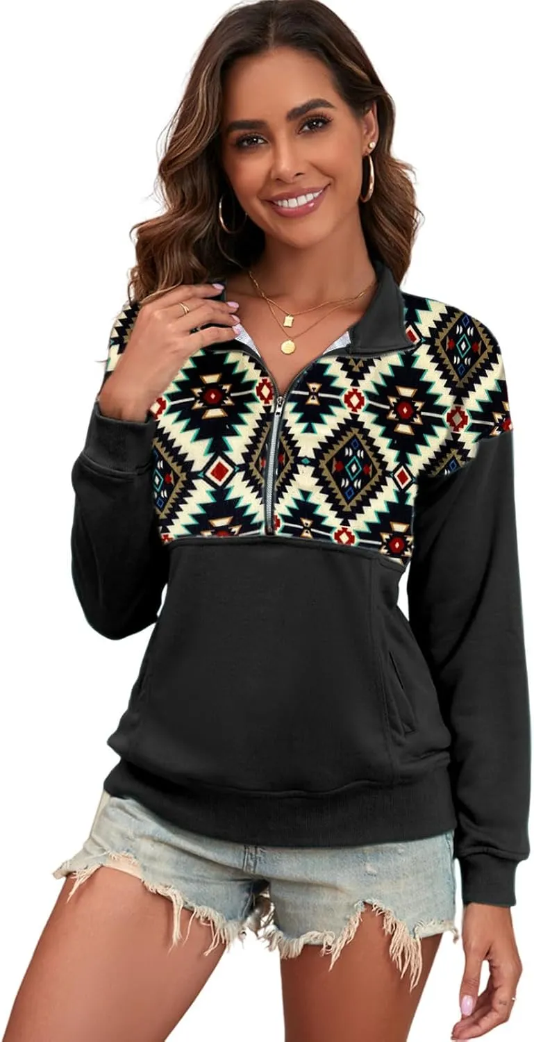 LEMAFER Women's 2024 Casual Aztec Cow Print Zipper Collar Pullover Sweatshirt Western Cowgirl Ethnic Style Hoodies