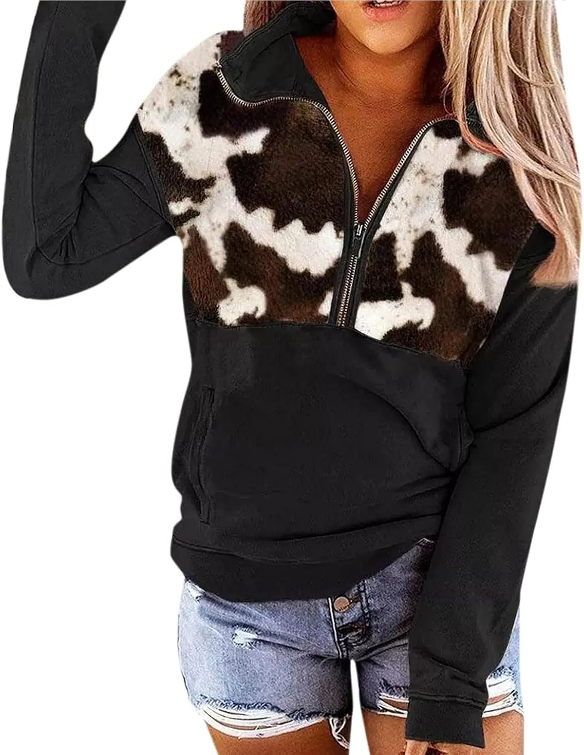 LEMAFER Women's 2024 Casual Aztec Cow Print Zipper Collar Pullover Sweatshirt Western Cowgirl Ethnic Style Hoodies