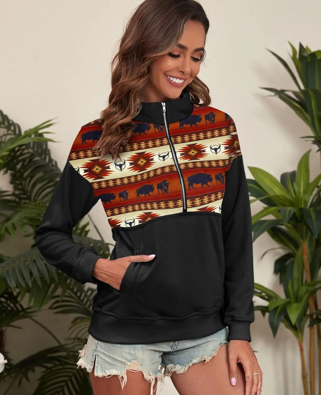 LEMAFER Women's 2024 Casual Aztec Cow Print Zipper Collar Pullover Sweatshirt Western Cowgirl Ethnic Style Hoodies