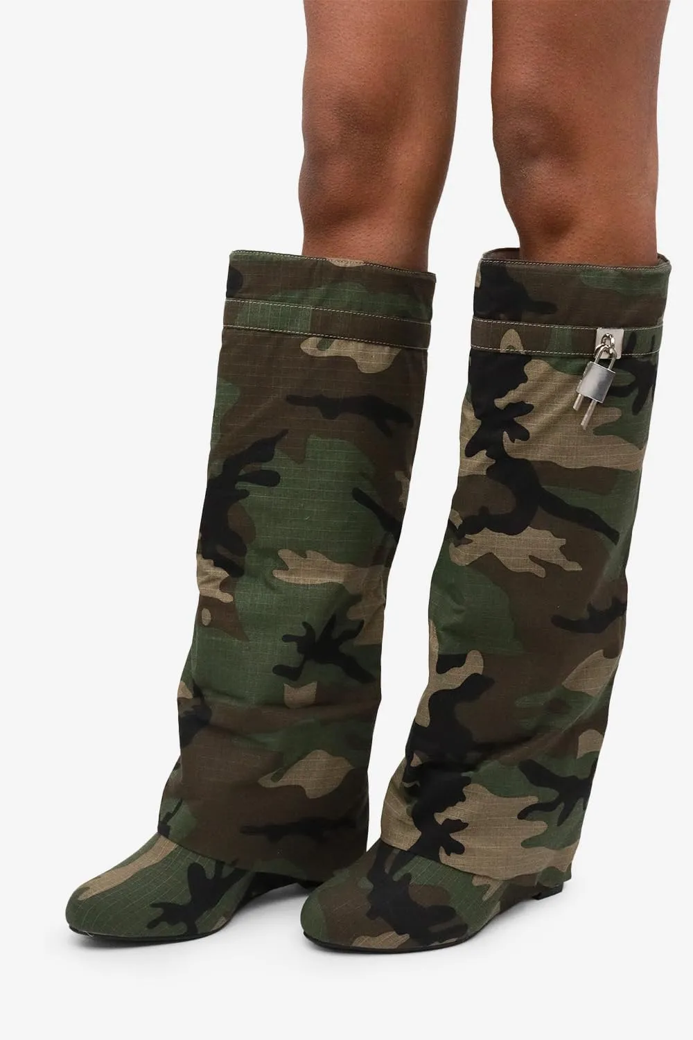 Lemonade Women's Fold Over Padlock Detail Wedge Heel Knee High Long Boot