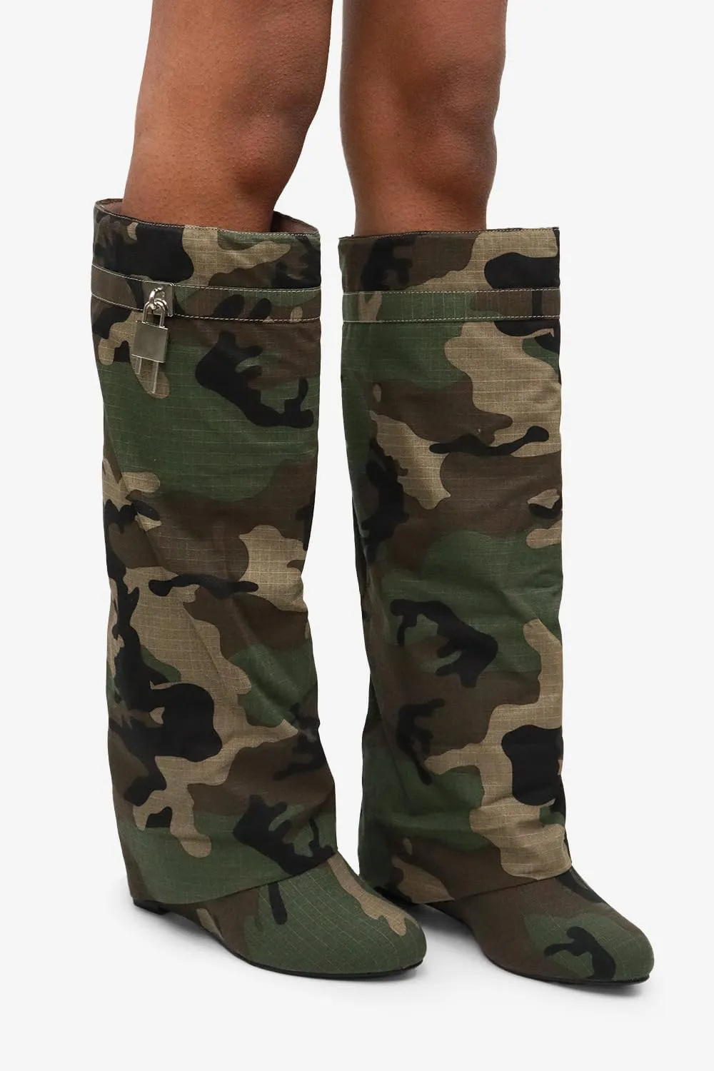 Lemonade Women's Fold Over Padlock Detail Wedge Heel Knee High Long Boot