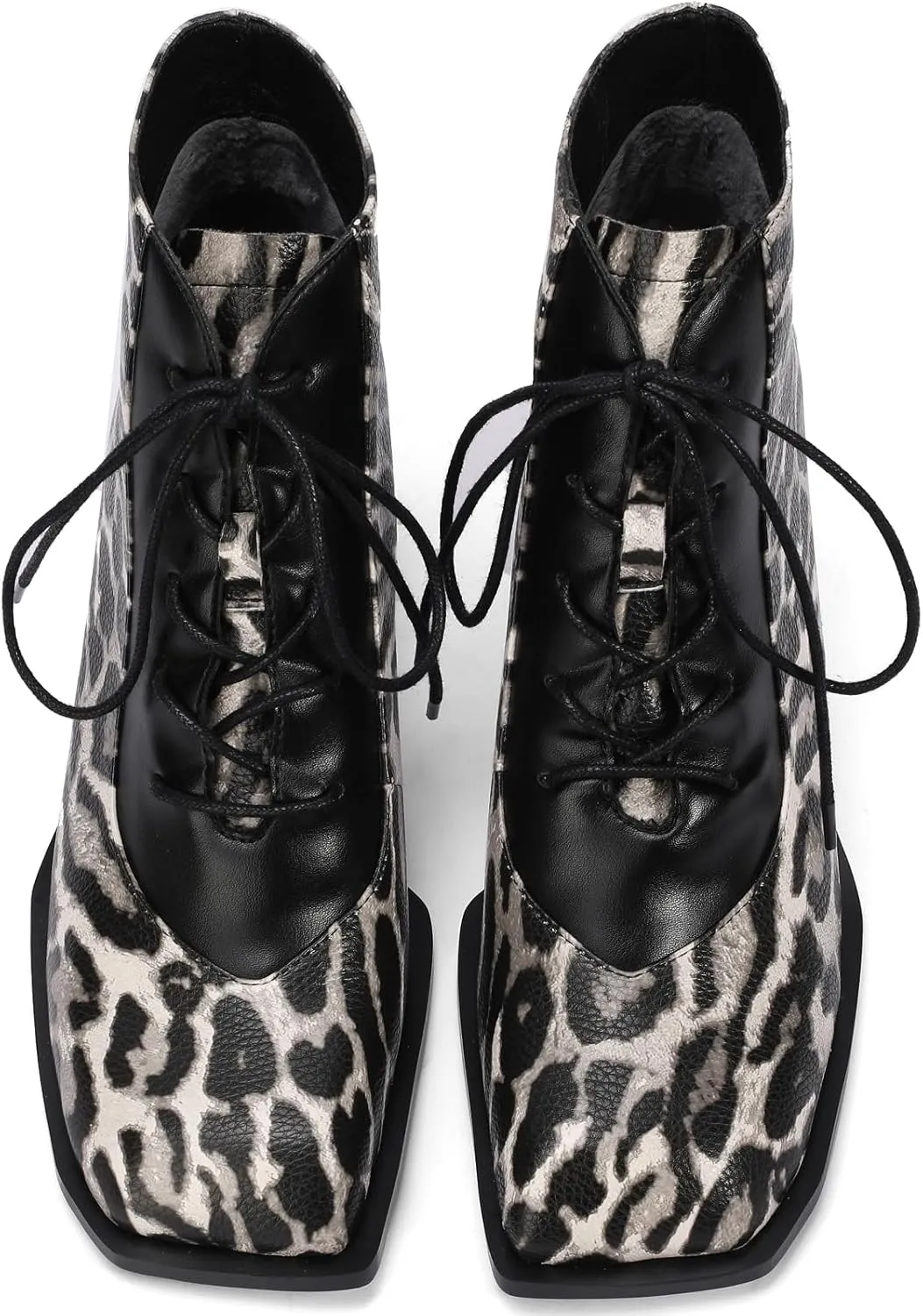 Leopard Print Boots For Women Square Toe Lace Up Ankle Wide Calf Booties Botas Para Mujer Leather Chunky Block Dress Warm Lined Cowboy Cowgirl Ladies 2 Inch High Heels