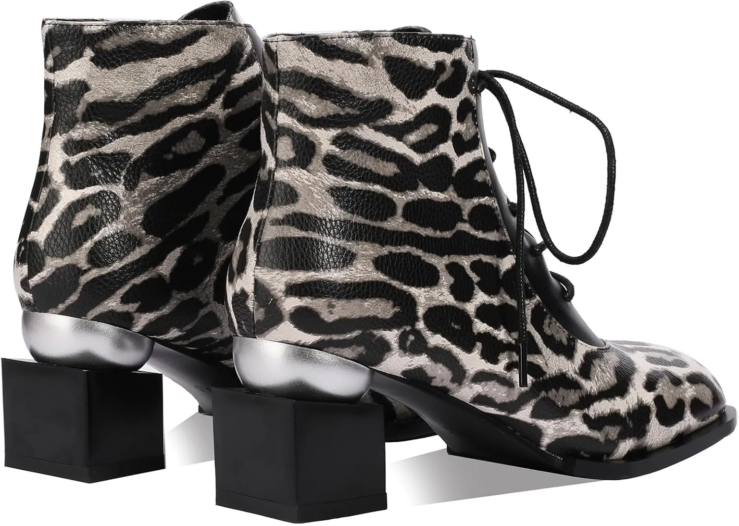 Leopard Print Boots For Women Square Toe Lace Up Ankle Wide Calf Booties Botas Para Mujer Leather Chunky Block Dress Warm Lined Cowboy Cowgirl Ladies 2 Inch High Heels