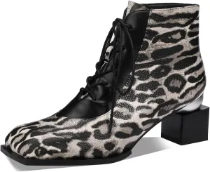 Leopard Print Boots For Women Square Toe Lace Up Ankle Wide Calf Booties Botas Para Mujer Leather Chunky Block Dress Warm Lined Cowboy Cowgirl Ladies 2 Inch High Heels