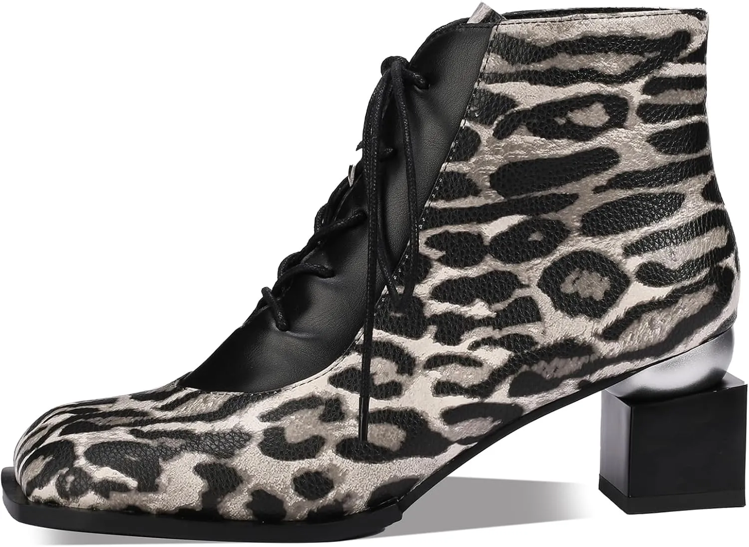 Leopard Print Boots For Women Square Toe Lace Up Ankle Wide Calf Booties Botas Para Mujer Leather Chunky Block Dress Warm Lined Cowboy Cowgirl Ladies 2 Inch High Heels