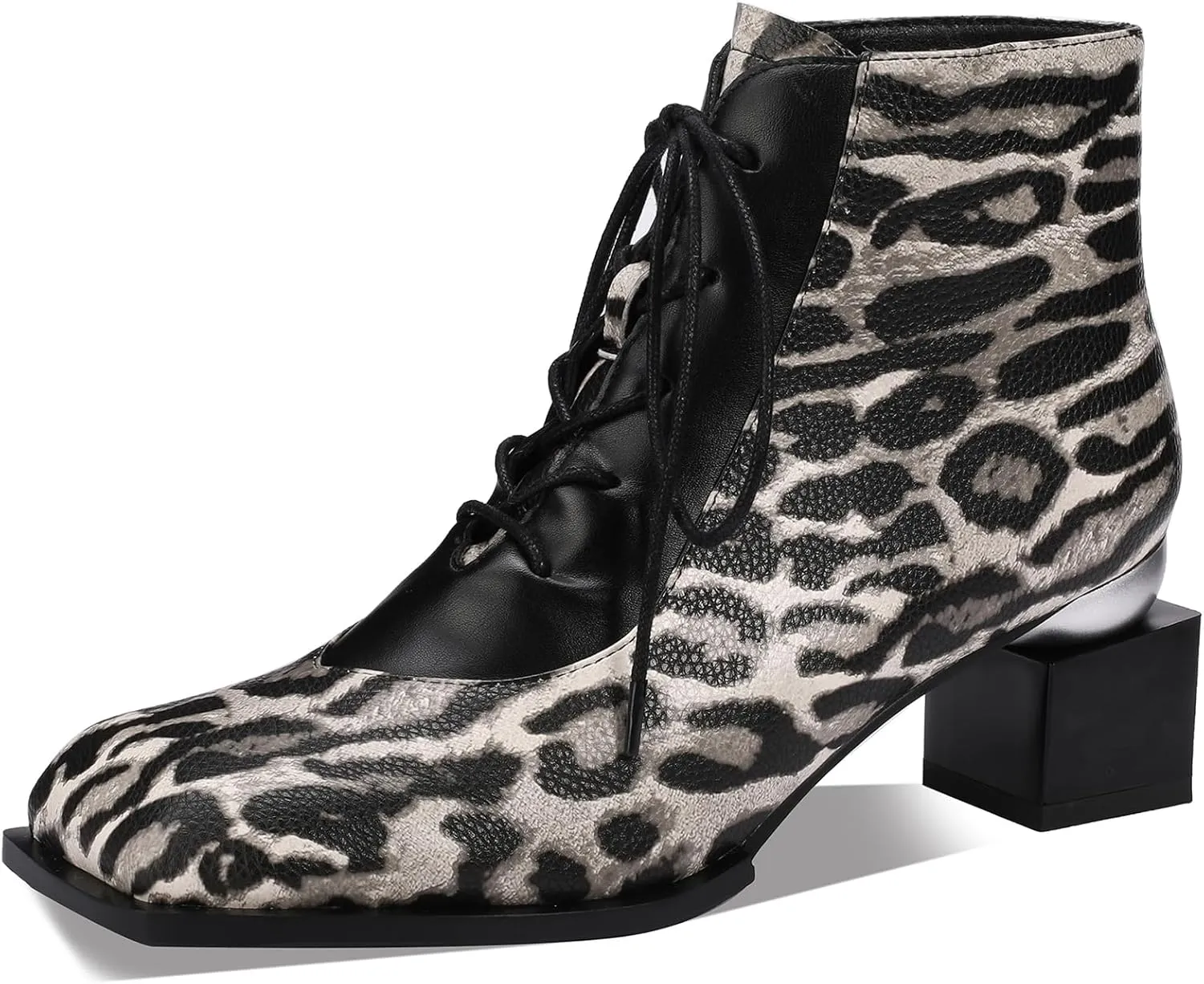 Leopard Print Boots For Women Square Toe Lace Up Ankle Wide Calf Booties Botas Para Mujer Leather Chunky Block Dress Warm Lined Cowboy Cowgirl Ladies 2 Inch High Heels