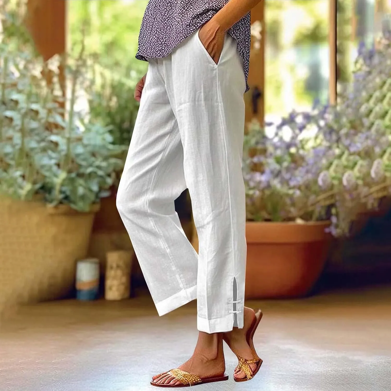 Linen Pants for Women 2025 Summer Waist Elastic Straight Leg Lounge Boho Pant Casual Loose Beach Trousers with Pockets