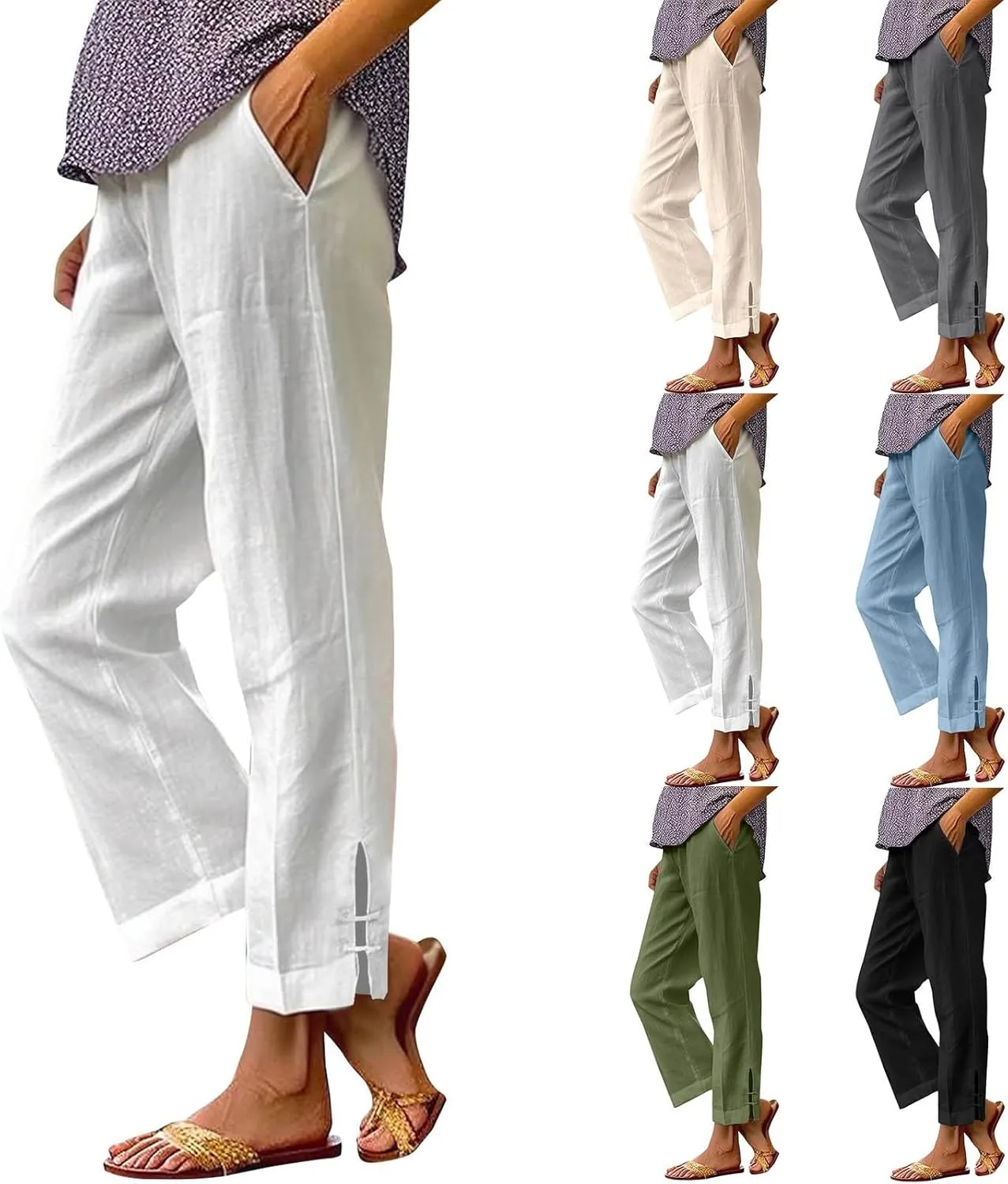 Linen Pants for Women 2025 Summer Waist Elastic Straight Leg Lounge Boho Pant Casual Loose Beach Trousers with Pockets
