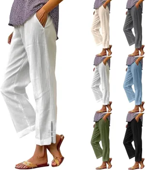 Linen Pants for Women 2025 Summer Waist Elastic Straight Leg Lounge Boho Pant Casual Loose Beach Trousers with Pockets