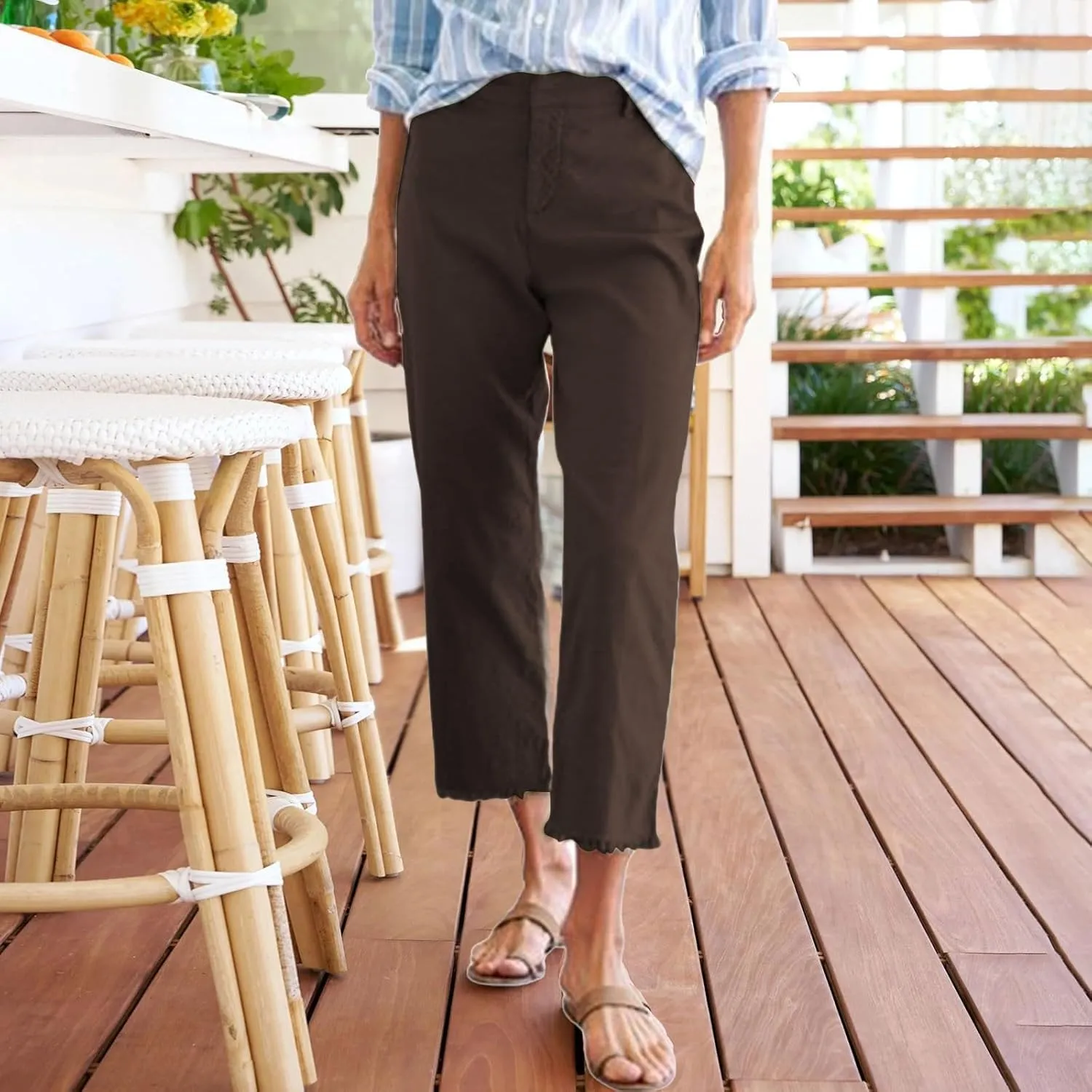 Linen Pants Women High Waisted Summer Casual Capris for Women 2025 Ladies Cropped Trousers for Seniors with Pockets