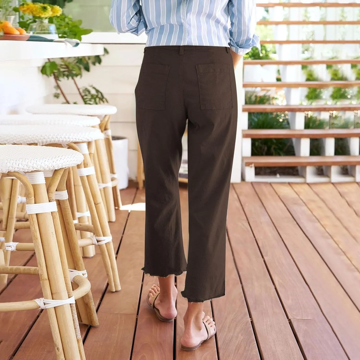 Linen Pants Women High Waisted Summer Casual Capris for Women 2025 Ladies Cropped Trousers for Seniors with Pockets