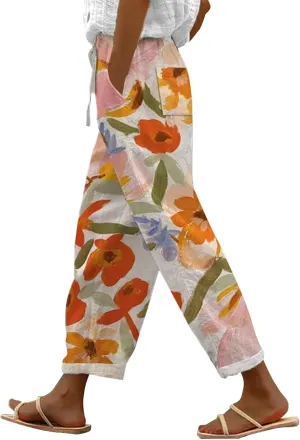 Linen Pants Women Summer Casual Drawstring Pants Petite Linen Pants for Women White Trouser Pants for Women Linen