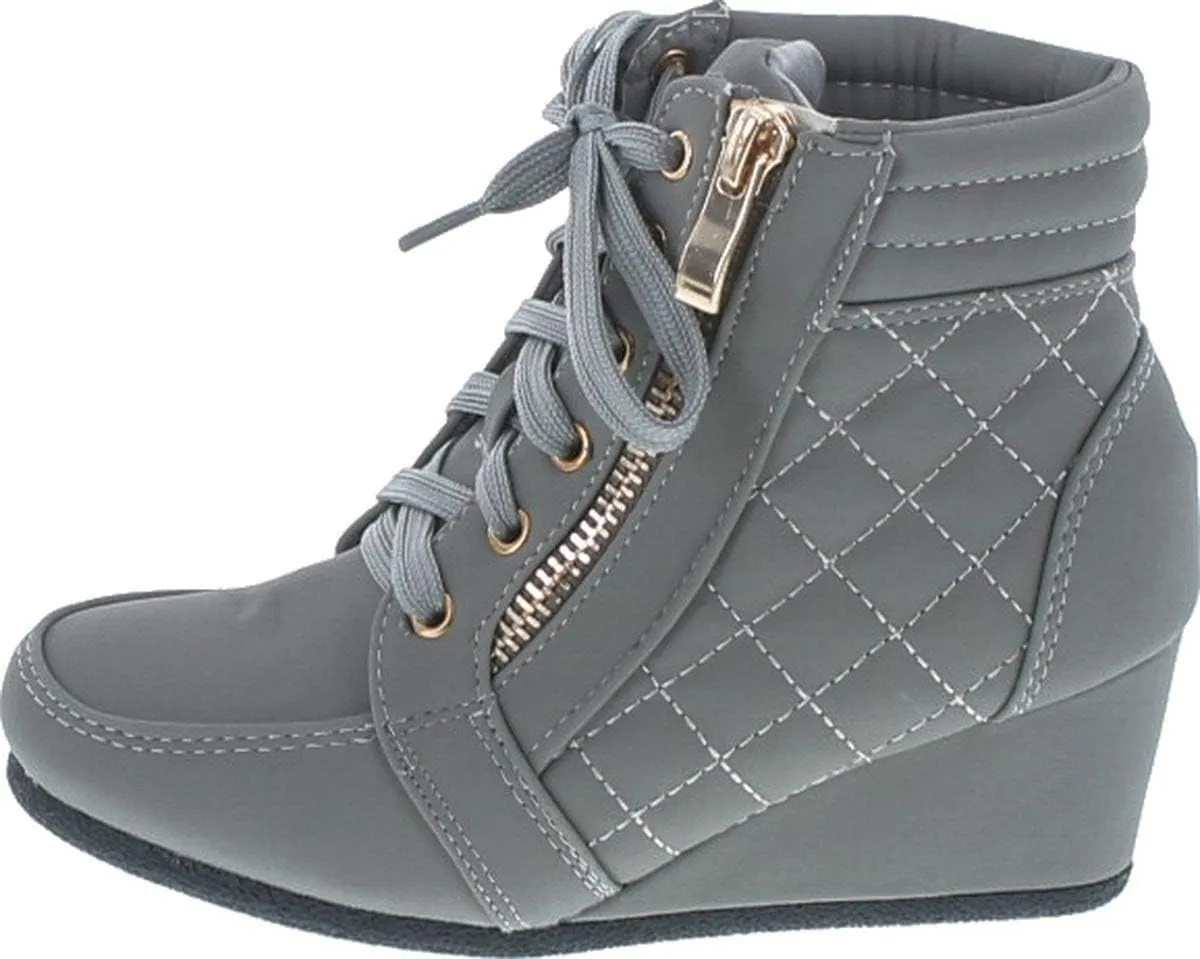Link Peggy-63K Children Girl's Wedge Heel Lace Up Diamond Shape Quilted Sneakers