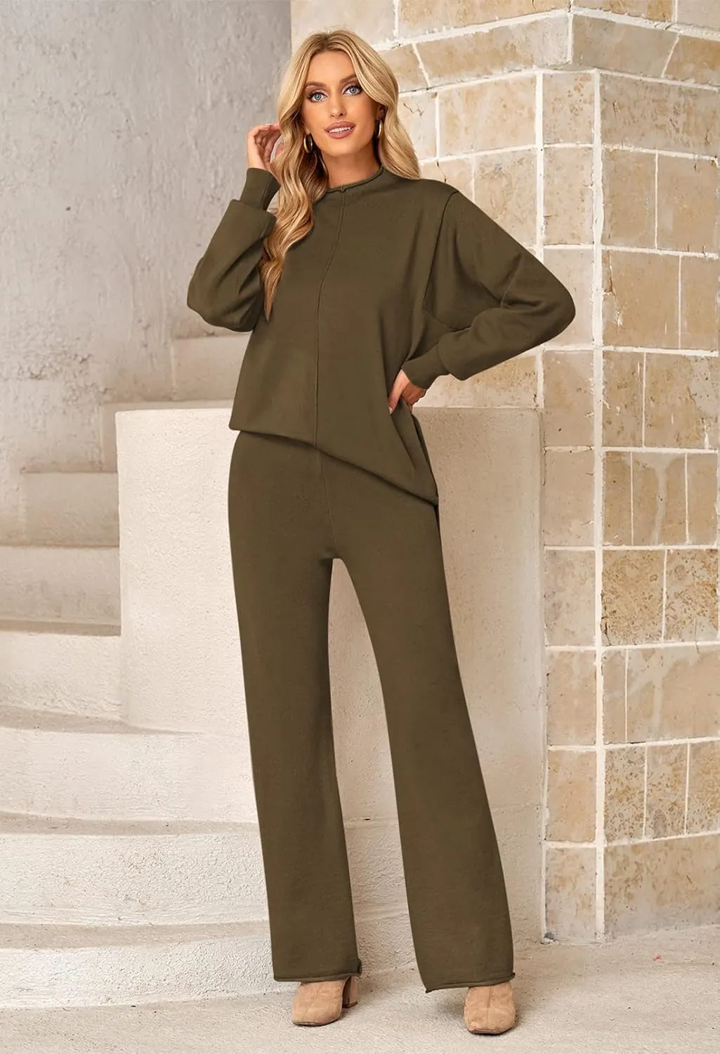Linsery Women 2 Piece Sweater Sets High Neck Knitted Pullover Wide Leg Casual Sweatsuit